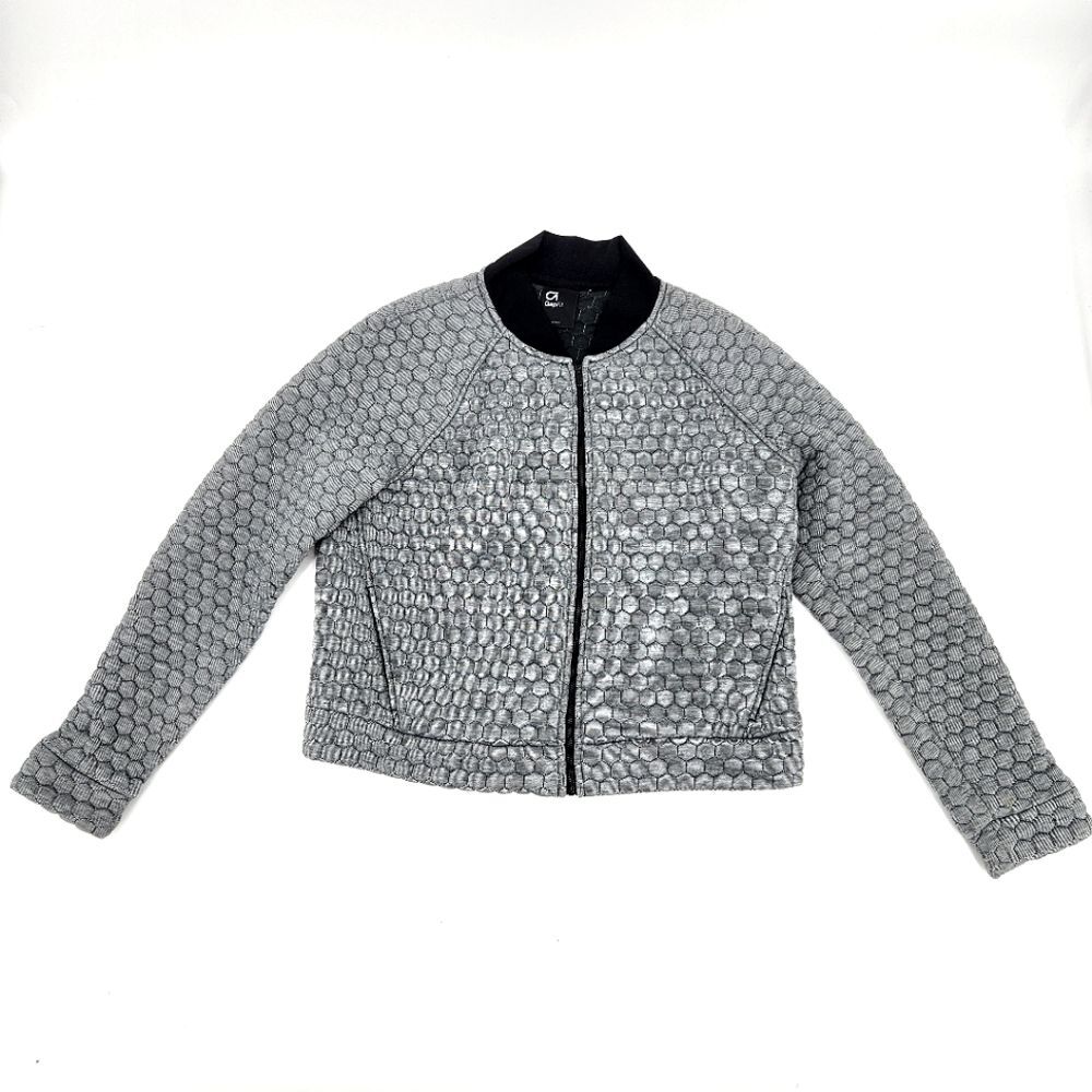GAP Fit Jacquard Quilted Bomber Jacket Womens Size Small Black White Hexagon
